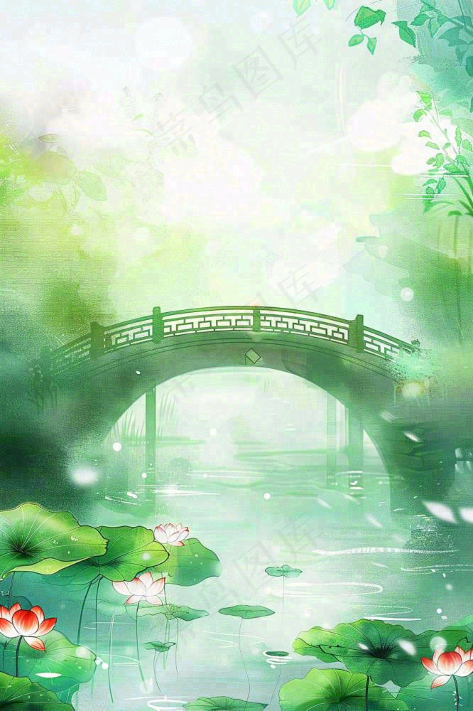 春夏绿意风景小清新荷花池塘拱桥绿荫阳光惊蛰春分立夏夏至水彩插画背景(896x1344)