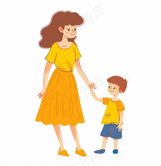 妈妈牵着小孩母子母亲节人物卡通插画免抠