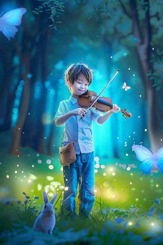 夏天夜晚小提琴演奏萤火虫蝴蝶唯美星空小暑大暑处暑背景