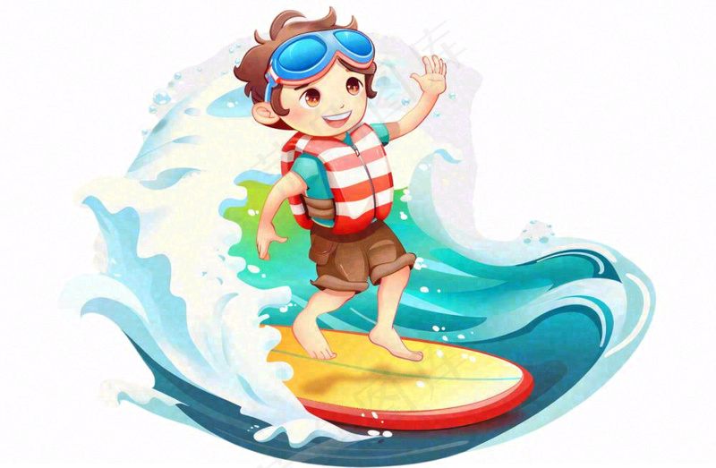 冲浪的少年男孩浪花运动卡通人物插画免抠
