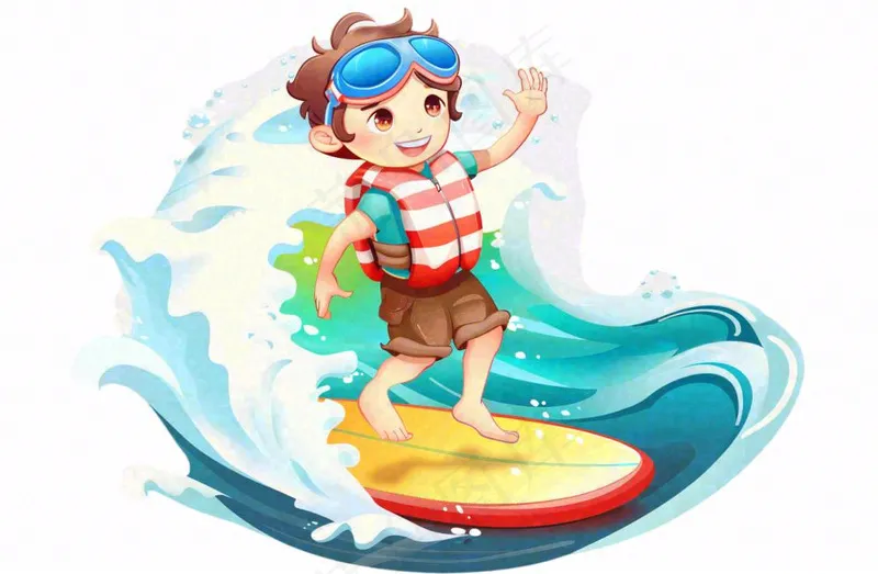 冲浪的少年男孩浪花运动卡通人物插画免抠(1344x880)