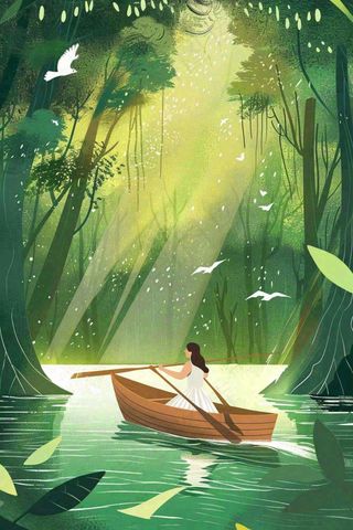绿色森林少女划船春光波光闪烁春分插画卡通手绘处暑