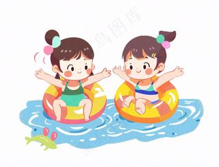 游泳游泳圈儿童水上乐园运动卡通插画免抠