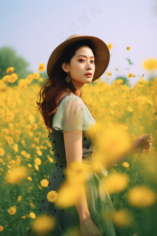 雏菊黄色花田的美女人像摄影摄影图