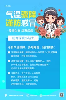 蓝色卡通预防感冒海报