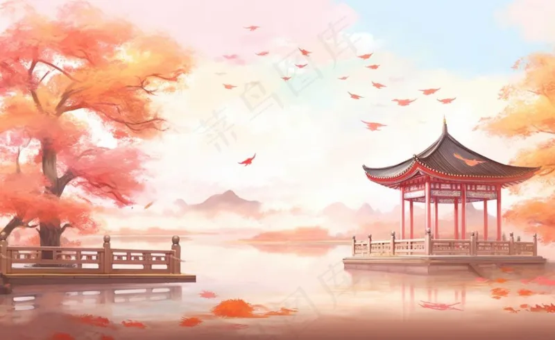 秋季枫叶晚亭山水湖面倒影美景中国风水墨画插画背景(1408x864)