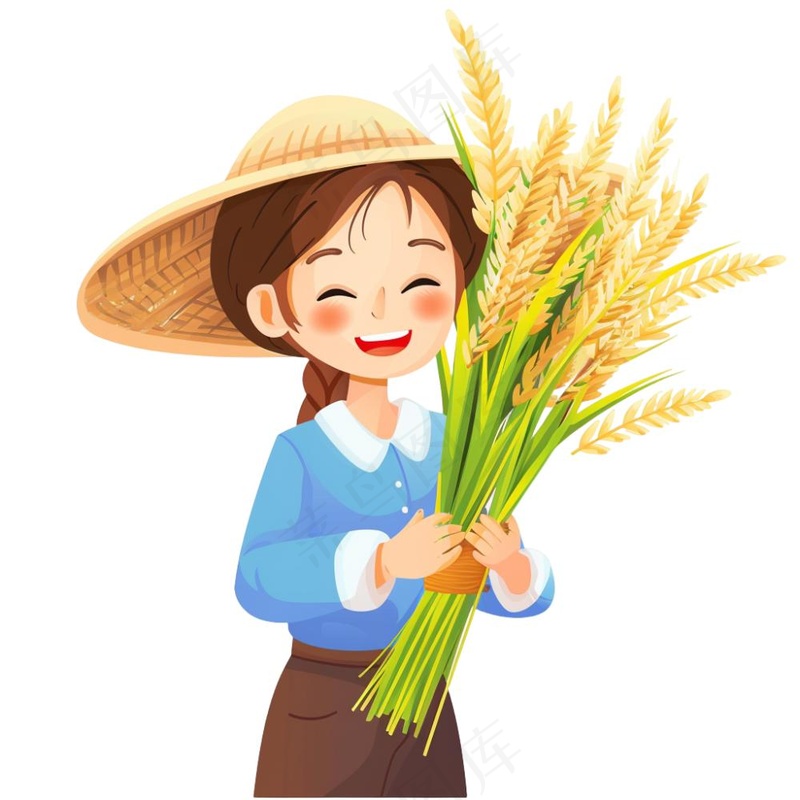 抱着稻穗麦穗的女孩农民卡通插画免抠(1024x1024)