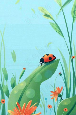春天草丛花丛里的昆虫七星瓢虫蓝色背景踏青立春春分惊蛰卡通插画背景
