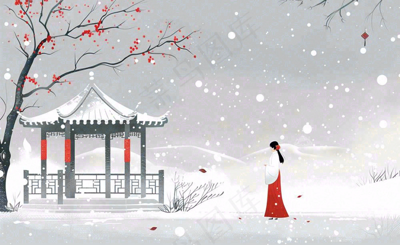古风冬天雪景红衣女孩梅花雪地里的凉亭大雪小雪冬至中国风插画背景(1408x864)