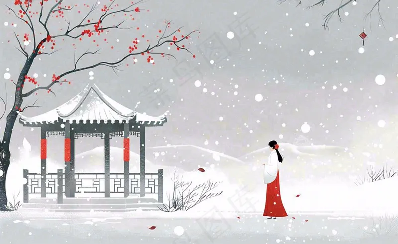 古风冬天雪景红衣女孩梅花雪地里的凉亭大雪小雪冬至中国风插画背景(1408x864)