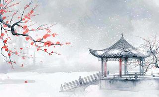 冬天雪景梅花水中凉亭雪花飘落冬至立冬古风小雪大雪手绘水墨国画插画背景