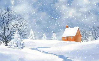 冬天雪景河流森林小屋白雪皑皑小雪大雪冬至立冬水彩画卡通插画背景