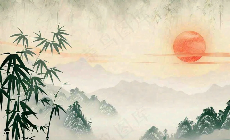 中国风古风水墨画山竹落日余晖淡雅清明端午插画背景(1408x864)