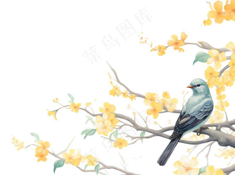 站在树上的鸟黄花卡通插画免抠(1264x944)