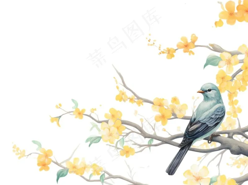 站在树上的鸟黄花卡通插画免抠(1264x944)