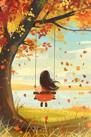 秋天湖泊大树下荡秋千的女孩落叶立秋秋分卡通插画背景