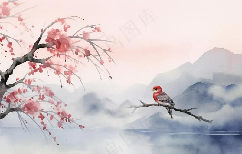 山水水墨画云层山峰中国风插画背景(1360x864)