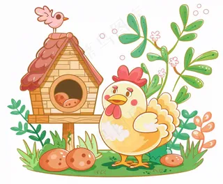母鸡鸡窝孵鸡蛋植物木屋牲畜动物卡通插画免抠