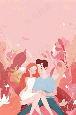 粉色恋爱情人恋人相拥鲜花丛浪漫梦幻七夕情人节插画背景