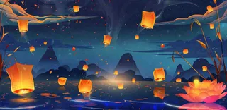 湖面花灯孔明灯风景夜晚荷花灯许愿灯放天灯中国风古风中元节寒衣节插画背景