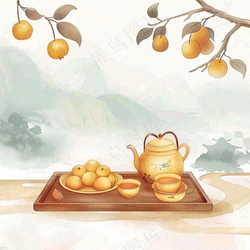 秋天果树杏树下茶壶饮茶卡通插画立秋秋分背景(1024x1024)
