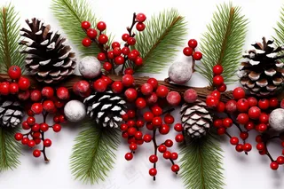 一串松果浆果松树枝松子白色背景摄影图