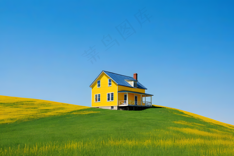晴朗乡村山坡草地黄色小房子图片