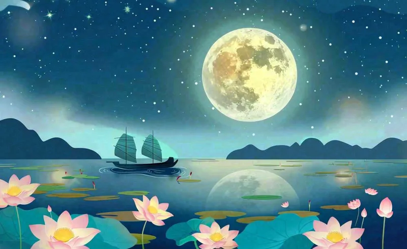 中秋夜晚赏月荷花山水河流中的帆船舟月亮倒映水面中元节寒露插画背景(1408x864)