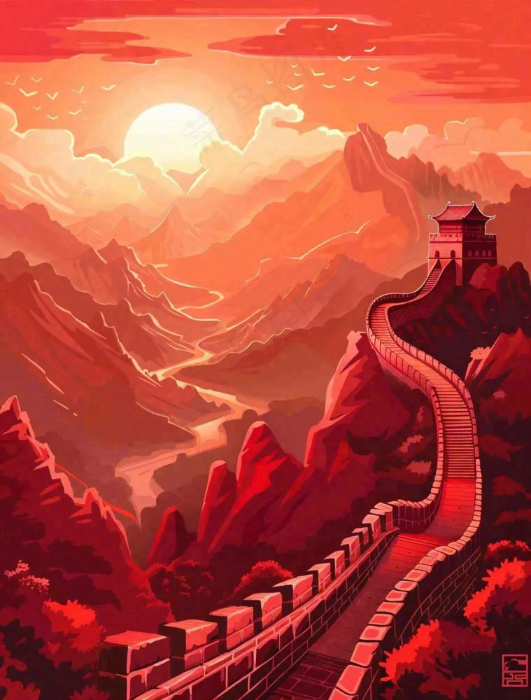 万里长城中国山河红色北京旅游景点八一建军节红色文化卡通插画背景(960x1264)