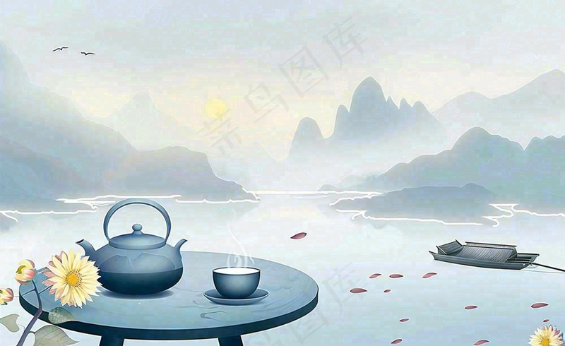 中国山水水墨画菊花饮茶重阳清明寒露插画背景(1408x864)