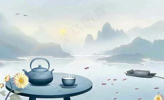 中国山水水墨画菊花饮茶重阳清明寒露插画背景