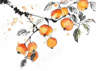 柿子杏树水墨画中国风插画免抠