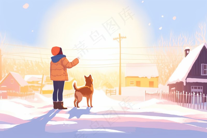 冬季雪地里女孩牵着小狗看着夕阳落山晚霞卡通插画背景