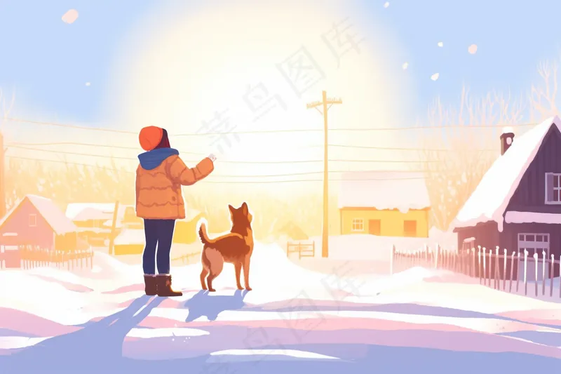 冬季雪地里女孩牵着小狗看着夕阳落山晚霞卡通插画背景(4032x2688)