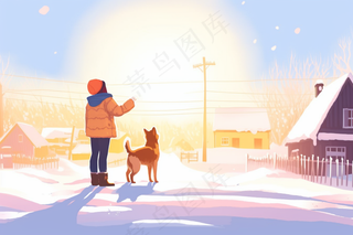 冬季雪地里女孩牵着小狗看着夕阳落山晚霞卡通插画背景