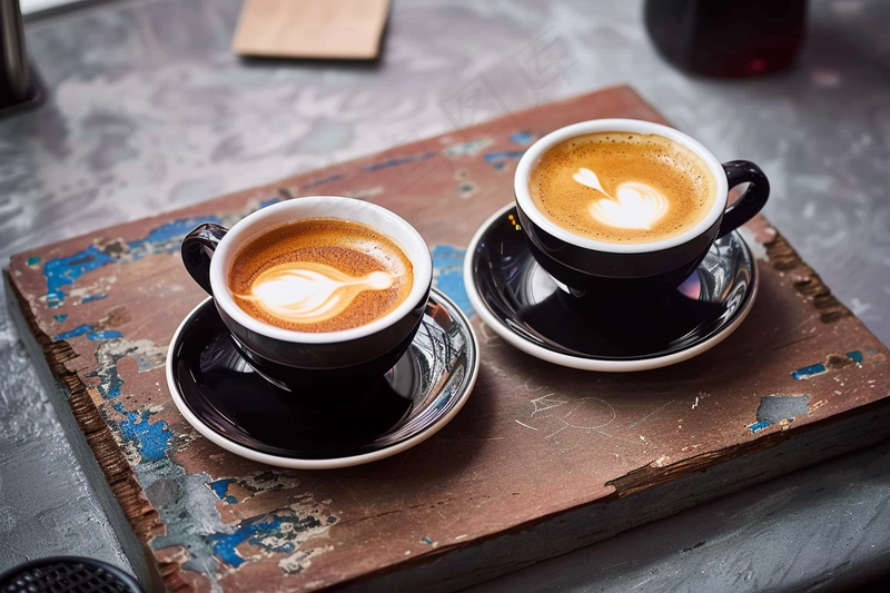 两杯拉花拿铁咖啡饮料下午茶摄影图