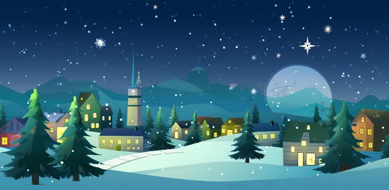 冬季雪天圣诞小镇装饰夜晚节日氛围卡通插画背景(1568x768)