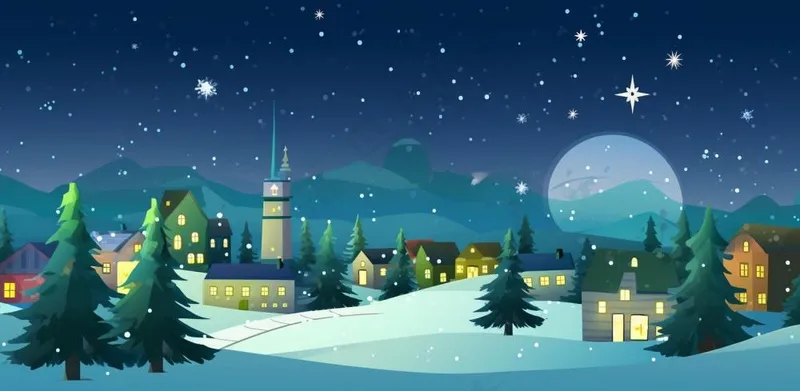 冬季雪天圣诞小镇装饰夜晚节日氛围卡通插画背景(1568x768)