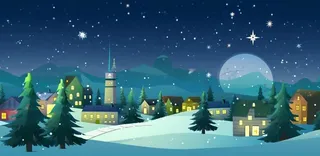 冬季雪天圣诞小镇装饰夜晚节日氛围卡通插画背景