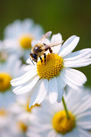春天白色雏菊蜜蜂采蜜摄影图