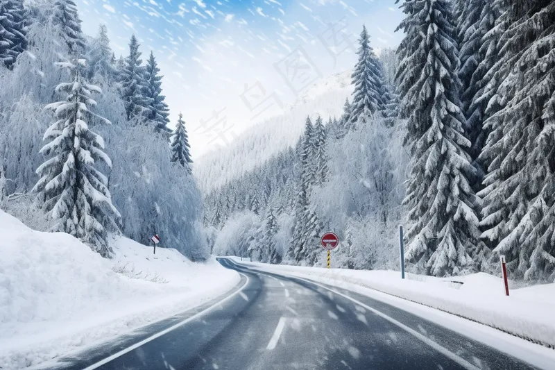 冬季雪山森林雾凇公路道路摄影图(4032x2688)