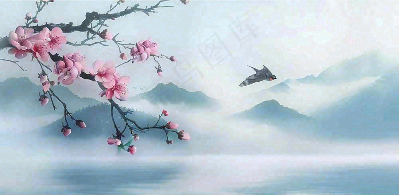 中国风水墨画山水船梅花春天春分清明插画背景(1568x768)