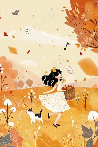 秋游展板梦幻秋景女孩秋游野餐欢乐音乐起舞动物动员立秋秋分卡通插画背景