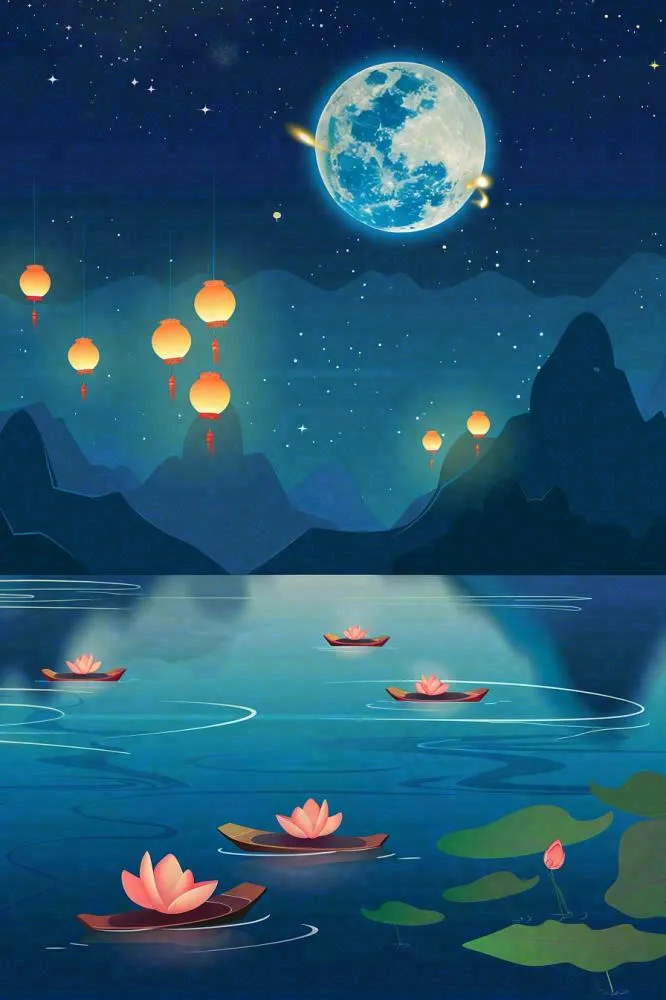 月圆之夜湖面莲花灯祈福星空中秋中元节插画背景(896x1344)