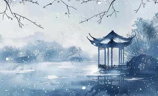 古风水墨中国风风景冬天凉亭雪花大寒小雪大雪插画背景