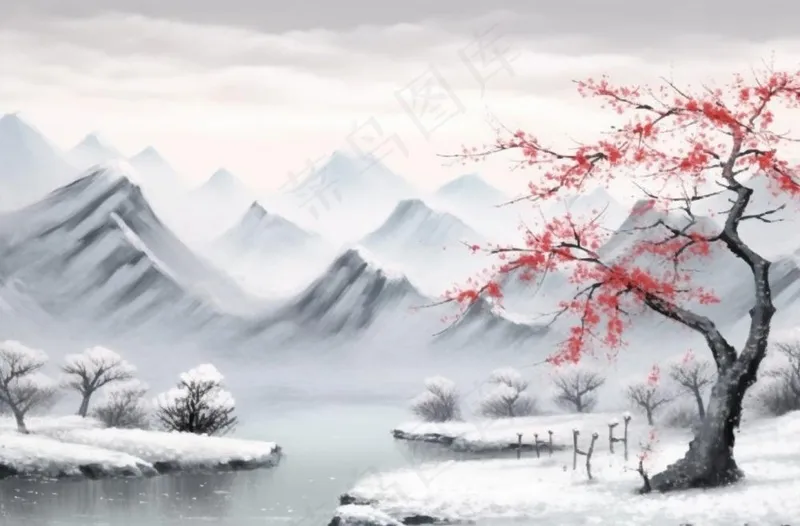 冬季山水梅花山峰水墨画中国风插画背景(1360x896)