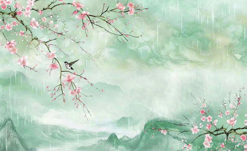 清明节春天桃花柳树燕子山水中国风古风雨水谷雨水墨插画背景(1408x864)