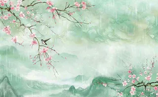 清明节春天桃花柳树燕子山水中国风古风雨水谷雨水墨插画背景