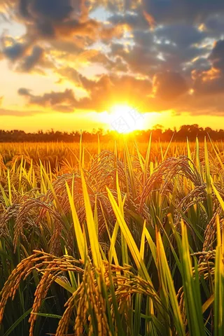 夕阳下的水稻农田稻穗摄影图