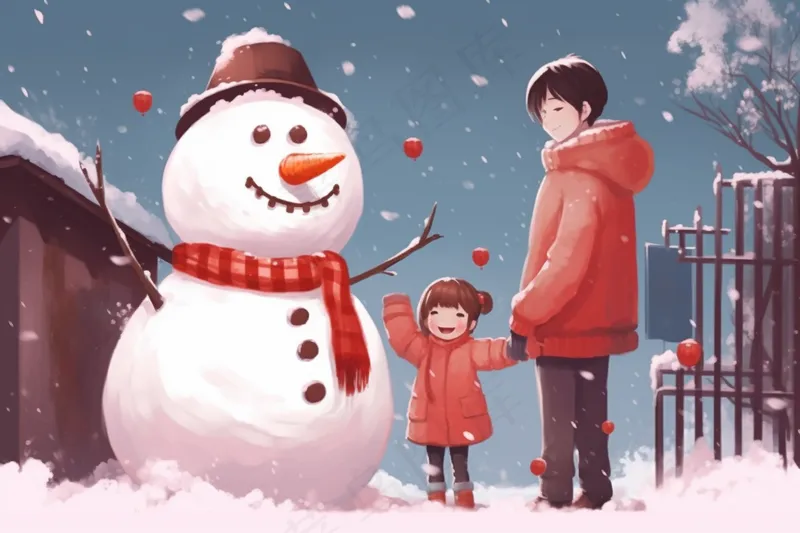 冬季家门口堆雪人新年红色卡通插画背景(4032x2688)